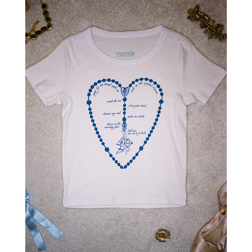 Rosary White Ladies Baby Tee Floor